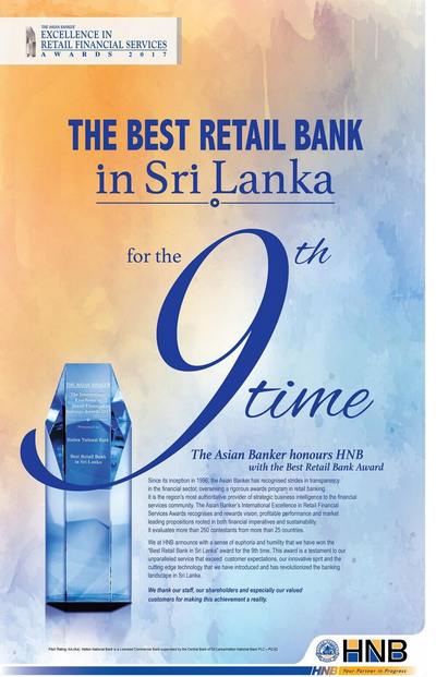 The Asian Banker honours HNB with the Best Retail Bank Award for the 9th Time