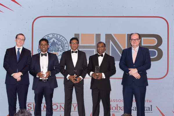 Representatives from Asiamoney together with HNB Deputy General Manager - Corporate Banking, Ruwan Manatunga, together with HNB Assistant General Manager - Network Management, Nirosh Perera and HNB Deputy General Manager - SME & Midmarket, Jude Fernando at the Asiamoney Banking Awards 2018 